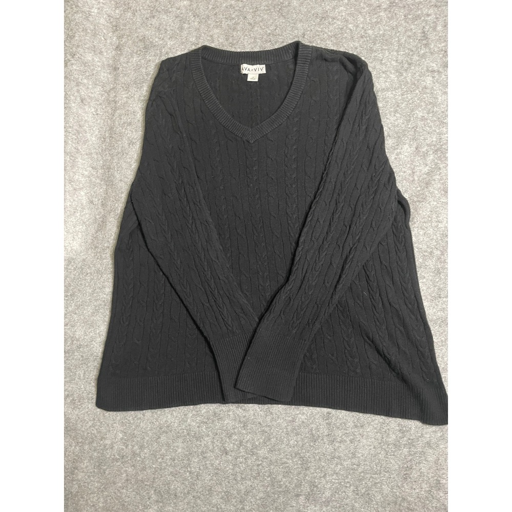 Ava & Viv Womens Black Cable Knit V-Neck Sweater Long Sleeve Plus Size 1X